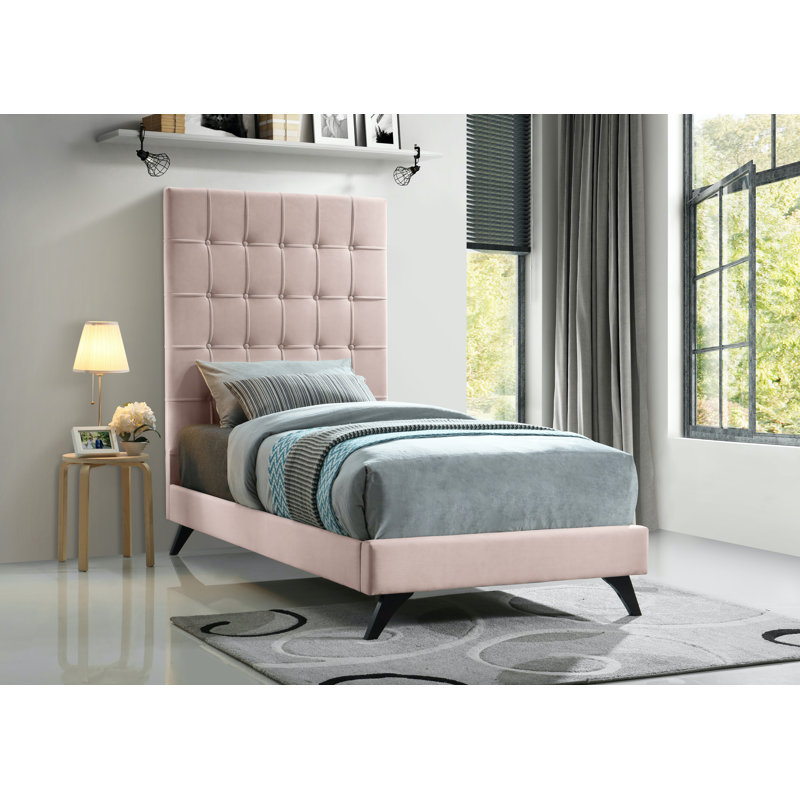Lit plateforme tapissier Elly, Velours rose, Lit simple
