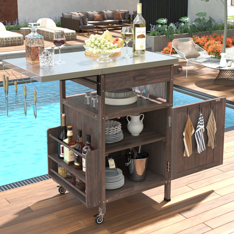 40.5" Outdoor Grill Cart With Stainless Steel Top, Solid Wood Storage Cabinet With Drop Leaf, Drawer, Towel Rack And Lockable Wheels, Brown