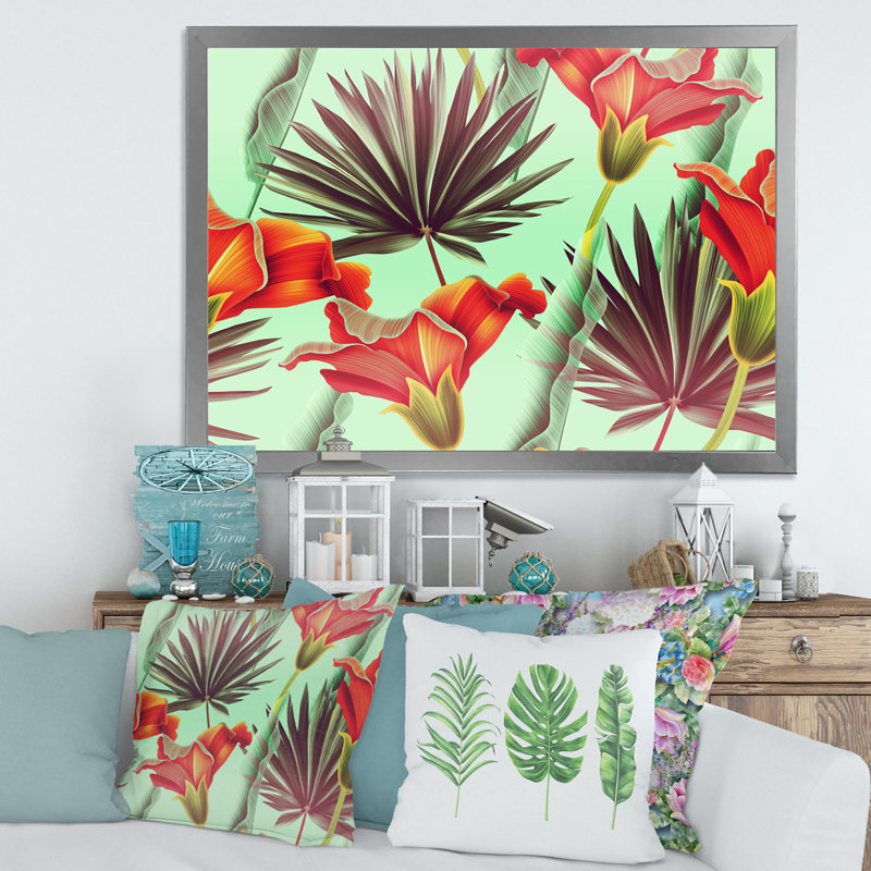 Fleurs tropicales rétro - impression sur toile, H 30 po x l 40 po x 1,5 po, Cadre photo argenté