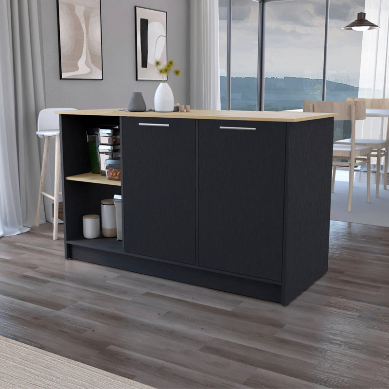 Mercury Kitchen Island With Spacious Countertop, Double Door Cabinets, And 2 Open Storage Shelves, Black/Natural