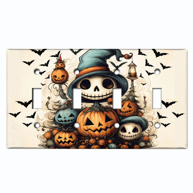 Metal Light Switch Plate Outlet Cover (Halloween Spooky Puppet Pumpkin Bats - Quadruple Toggle)