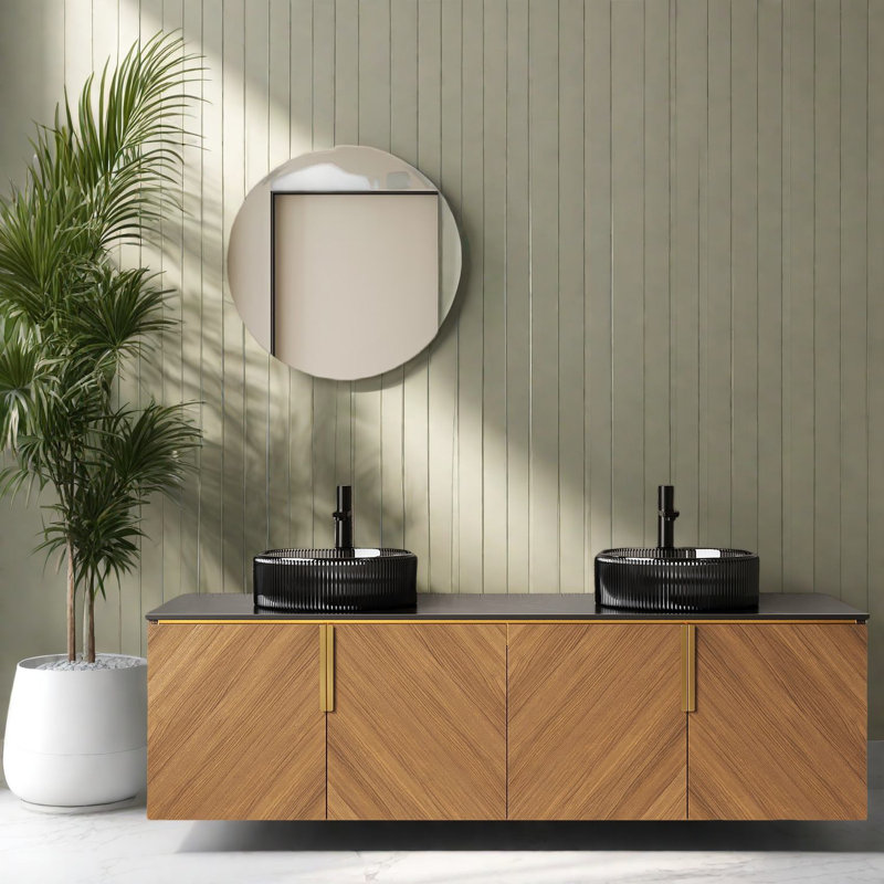 Meuble-lavabo moderne avec rangement, bois et verre, style contemporain pour la maison