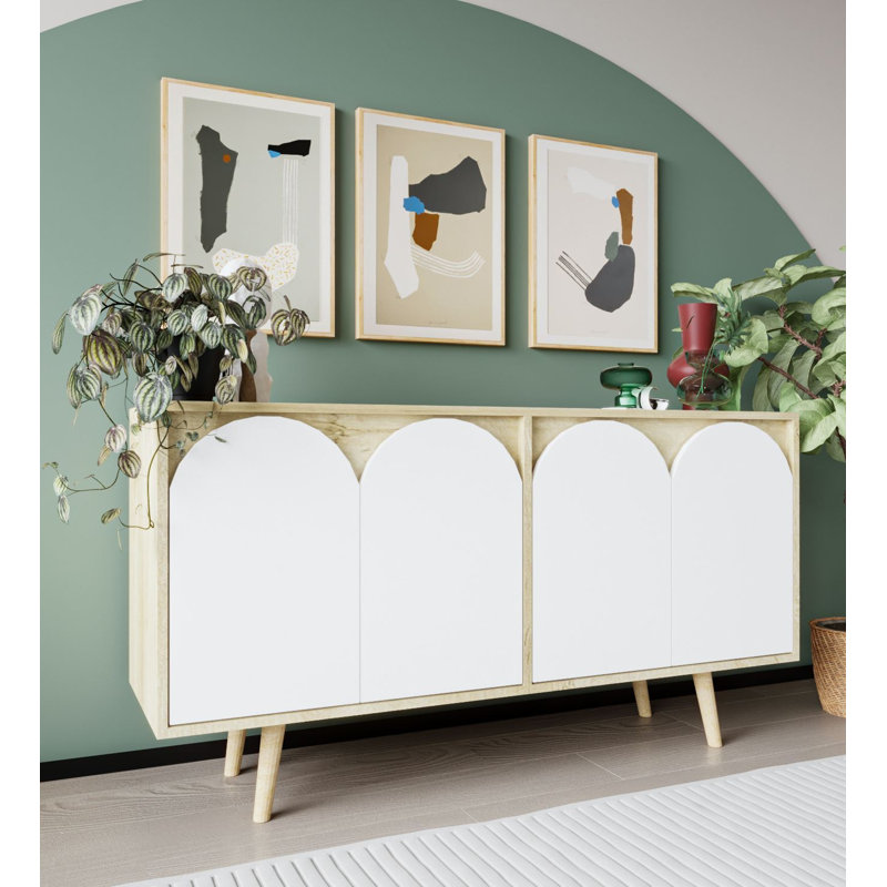 Lilliana Arched 4 Door Accent Sideboard With Wooden Legs, Sapphire Oak/White