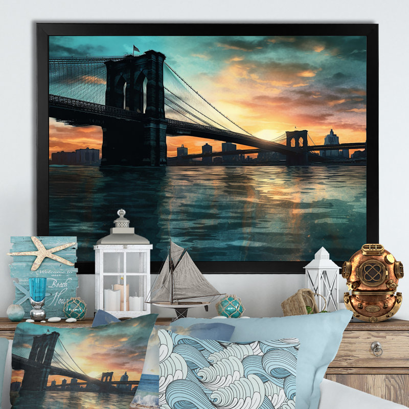 Green and Pink Brooklyn At Sunset, reproduction d'art sur toile, Cadre photo noir, H 12 po x l 20 po x P 1 po