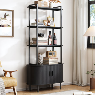 71" Modern Bookcase, 4-Tier Book Shelf With Curved Storage Cabinet and Sliding Door For Living Room, Bedroom.