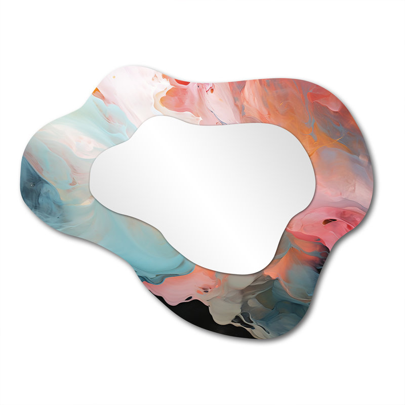 Playful  Deep Pink  Sky Dance II - Liquid Ink Cloud Large Wall Mirror, Blue Asymmetrical Decorative Mirror, Printed Metal Art
