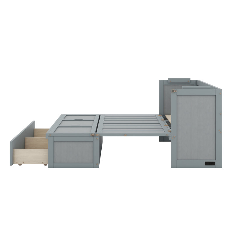 Lit escamotable Hynes, cadre de lit escamotable en bois massif avec port USB et grand tiroir, Gris, Queen