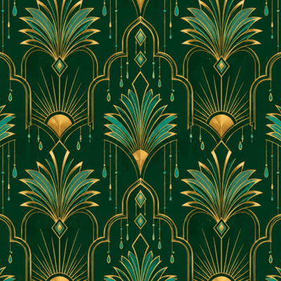 Peel and Stick Wallpaper Art Deco Gold Geometric Palm Dark Green Wall Mural 17.7"W x 118"H Self Adhesive Removable Wall Paper Renter Friendly Wallpaper for Nursery Bedroom Cabinets