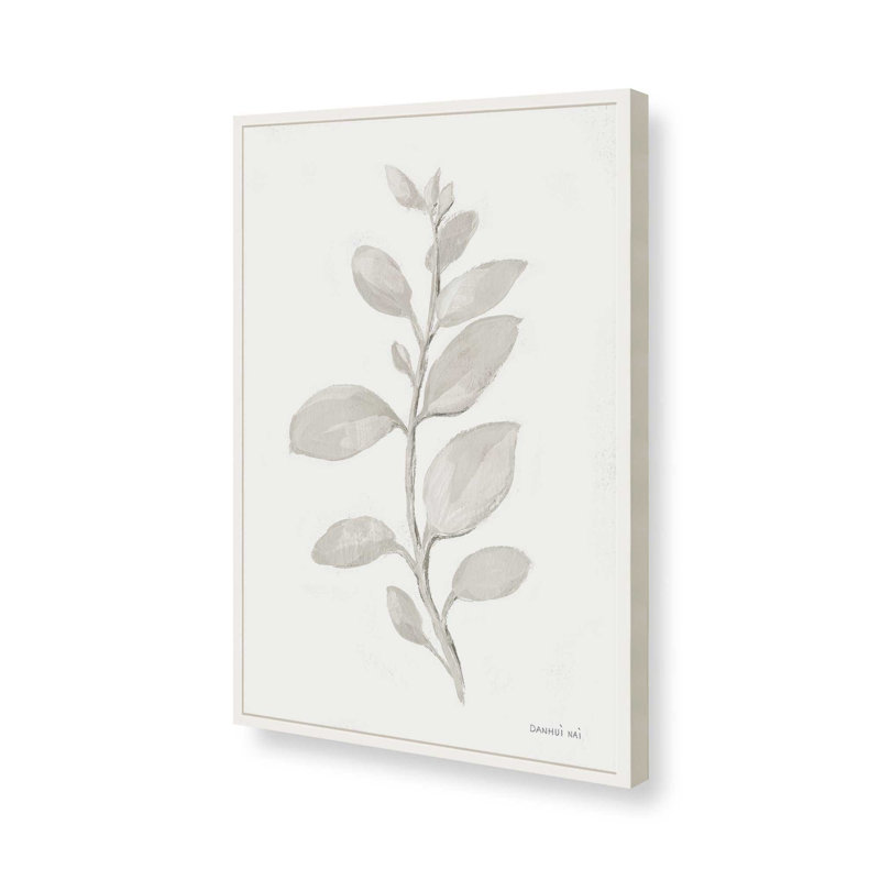 Élégant imprimé feuilles grises II, H 11 po x l 9 po, Encadrement de coin ouvert blanc opaque