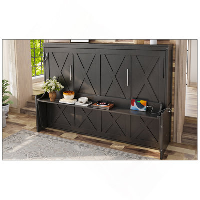 Queen Size Murphy Bed with a desk, USB Charging Station,LED Lights,Dark Gray