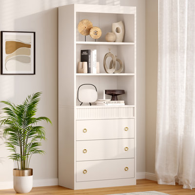 Bibliothèque cannelée de 70,8 po avec tiroirs (24,8 po x 13,78 po), bibliothèque blanche à 6 niveaux avec armoire de rangement, tablette ouverte ondulée pour le salon ou le bureau