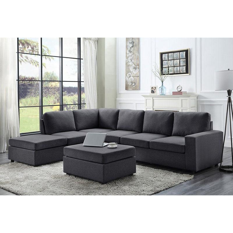 Nick Upholstered L-Shaped Sectional Reversible, Dark Gray Linen Blend