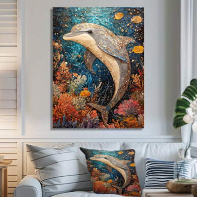 Dance Of The Dolphin Above A Coral II - Modern Metal Art Print, Dolphin Metal Wall Decor
