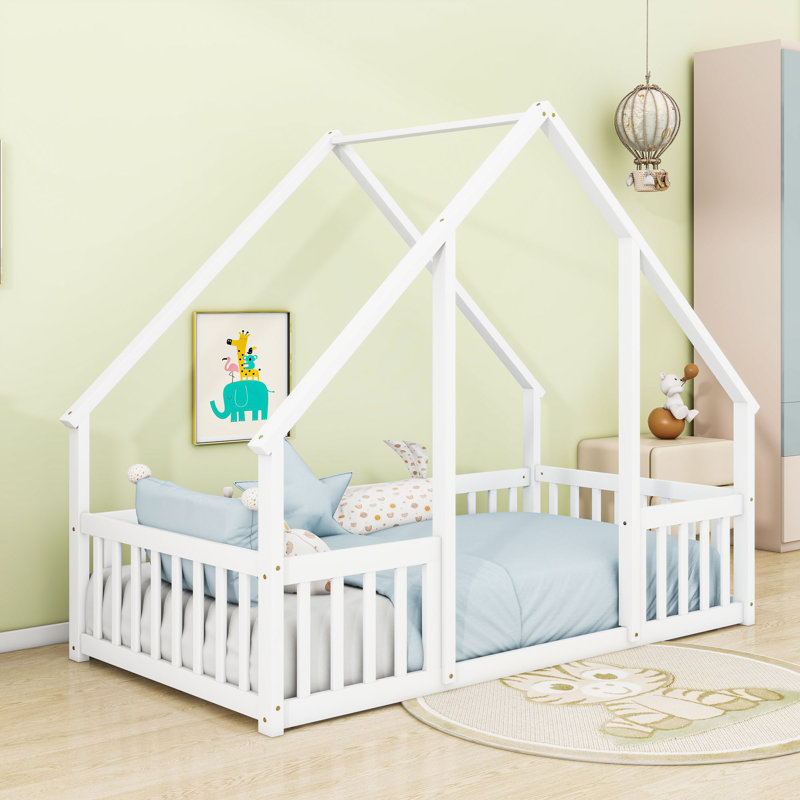 Wood House-Shaped Floor Bed With Guardrails, Twin, White