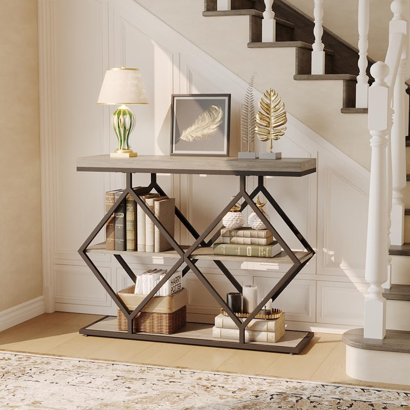 Farmhouse Console Table – 3-Tier Grey Entryway Sofa Table with Open Storage Shelves, Geometric Diamond Metal Legs, Narrow Design for Living Room, Hallway, Foyer – Easy Assembly – Grey