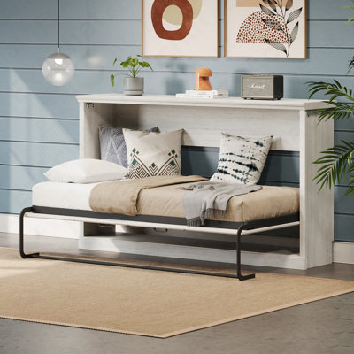 Twin Size Horizontal Murphy Bed, Hideaway Wall Bed, Folding Into Cabinet, Space Saving Furniture For Multipurpose Guest Room, Home Office, Rustic White