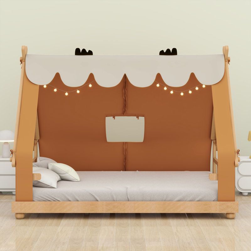 Lit maison avec tente et lumière, Double, Brun