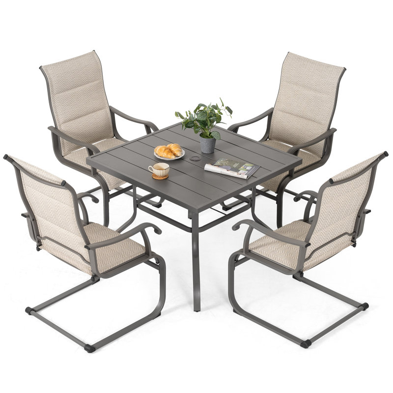 Patio 5-Piece Dining Table Set with Umbrella Hole and PVC-coated polyester Chairs, 4