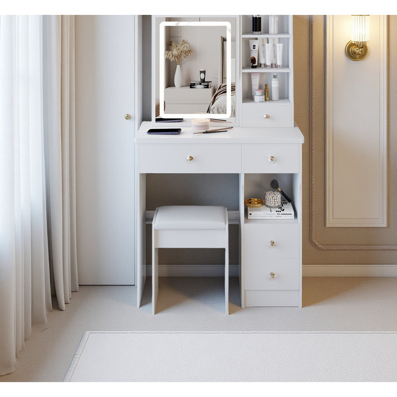 29.2" Small Size Left Drawer Desktop Vanity Table + Cushioned Stool, 2 Ac+2 Usb Power Station, Hair Dryer Bracket, Extra Large Touch Control Sliding Led Mirror, Tri-Color Switching, Brightness Adjust