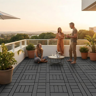 Plastic Interlocking Deck Tiles (44 Pcs), 12X12 Inches Waterproof Outdoor Patio Flooring, Easy Snap Balcony Floor Tiles For Garden, Poolside, Backyard, Pathway, Indoor Use, H Pattern, Dark Grey