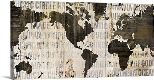 «Crate World Map Neutral» par Sue Schlabach - impression d'art graphique, H 12 po x l 24 po x 1,5 po, Toile