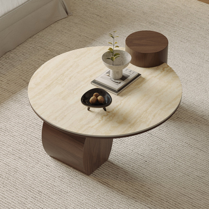 Table basse ronde, plateau en pierre imitation travertin avec piètement en noyer, table centrale moderne pour salon