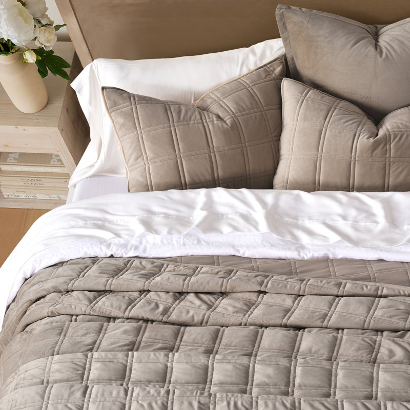 Double Box Stitch Velvet Quilt set, Mocha Brown, Queen Quilt + 2 Queen Shams