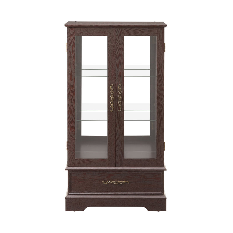Vitrine lumineuse vitrée avec tablettes réglables, 2 portes et 1 tiroir pour une décoration intérieure élégante, Cerisier