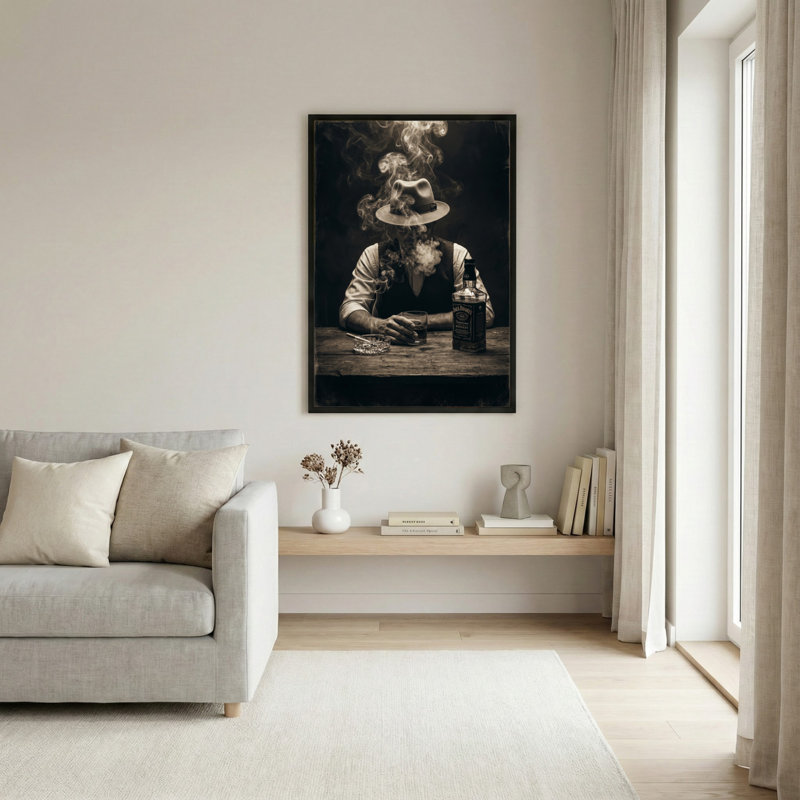 Toile noire encadrée en bois noir pour salon, chambre à coucher, bureau ou vestibule - décoration murale décorative avec chapeau fumée