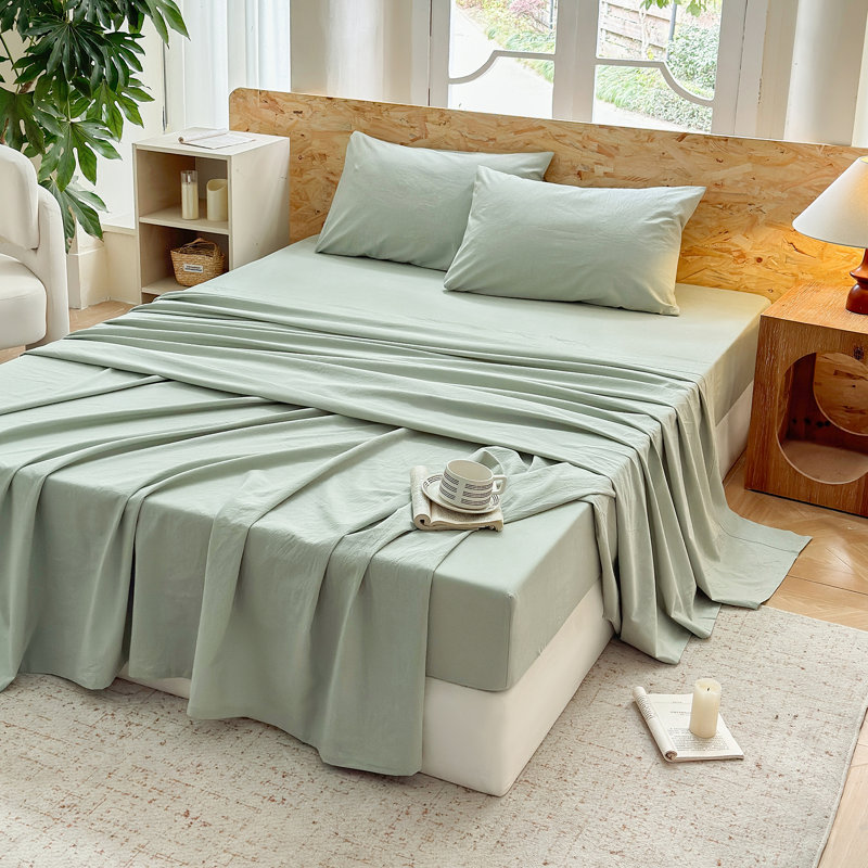 100% Washed Cotton Bedding Sheet Set 4 Pieces,1 Fitted Sheet,1 Flat Sheet and 2 Pillowcases,Comfy Textured Sheet Set
