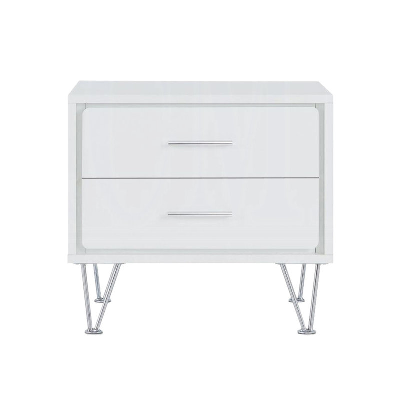 Table de chevet 2 tiroirs avec pieds en métal, extérieur blanc - Table de chambre à coucher rectangulaire et base de pieds
