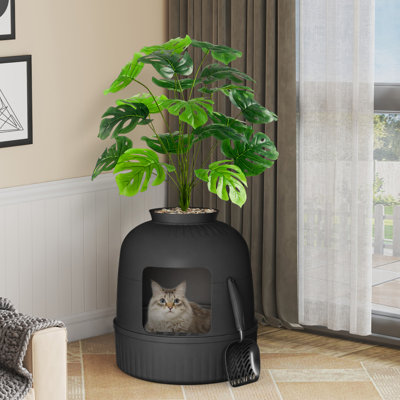Bac à litière pour chat, bac à litière caché avec contrôle des odeurs et filtre à charbon dans le salon, la chambre à coucher, le coin avec plante artificielle et pelle en acier inoxydable, 48 x 120 cm / 19 x 47, noir