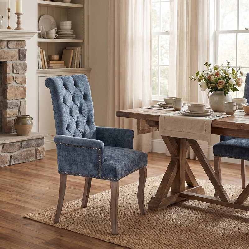 Fauteuil de salle à manger d'appoint élégant, capitonné, en tissu chenille, avec pieds en bois massif courbés., Bleu