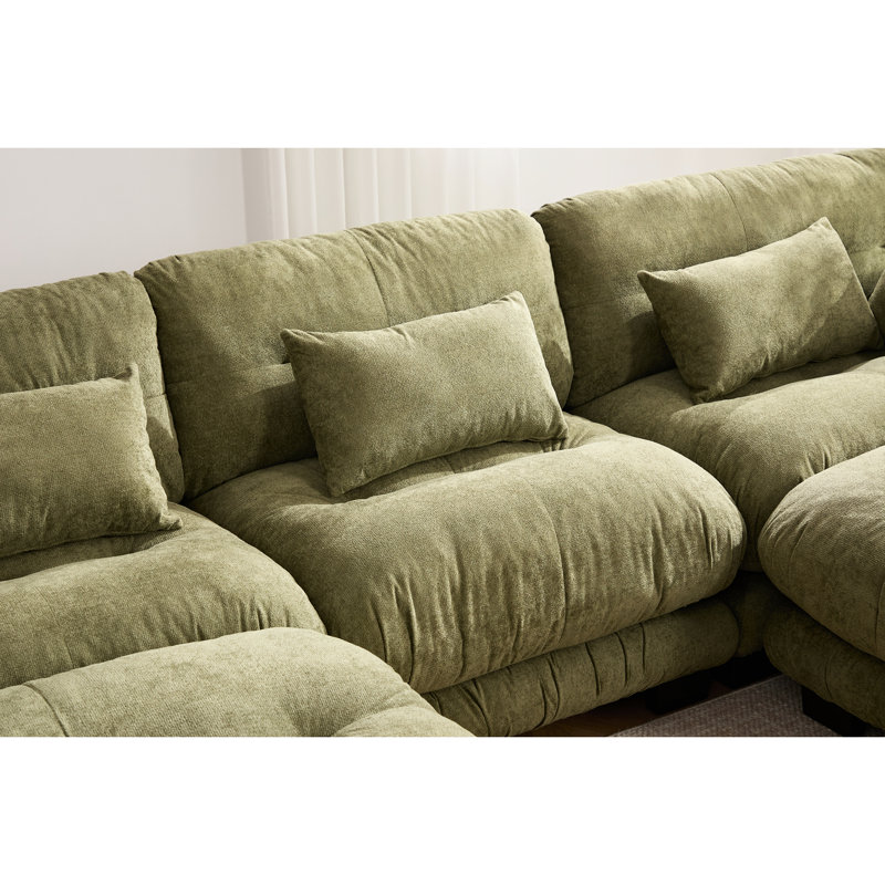 Canapé olive en forme de U avec 2 repose-pieds, 5 places modernes pour le salon, velours granulé doux et doux pour la peau, pieds en plastique stables en forme de velours en nuage pour un look confortable