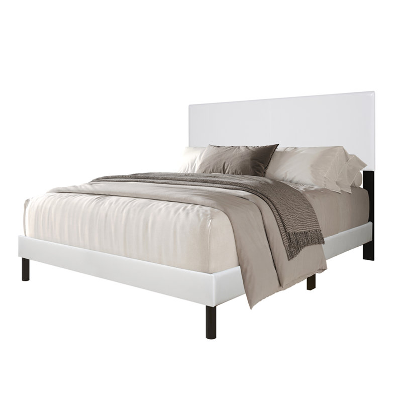 Modern PU Platform Bed Frame with Headboard, Natural Wood Slat Base Support, No Box Spring Needed, Sturdy Quiet Construction, Minimalist Contemporary Bedroom Furniture, Easy Assembly