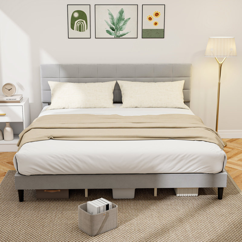 King Bed Frame with Upholstered Headboard Platform Bed Frame Grey, Grey, King