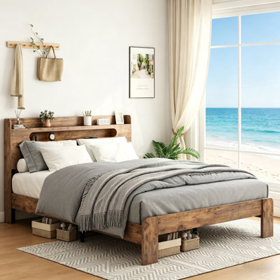 Lit plateforme en bois massif, cadre de lit très grand avec tête de lit à DEL avec rangement et 2 ports USB, silencieux, aucun sommier nécessaire