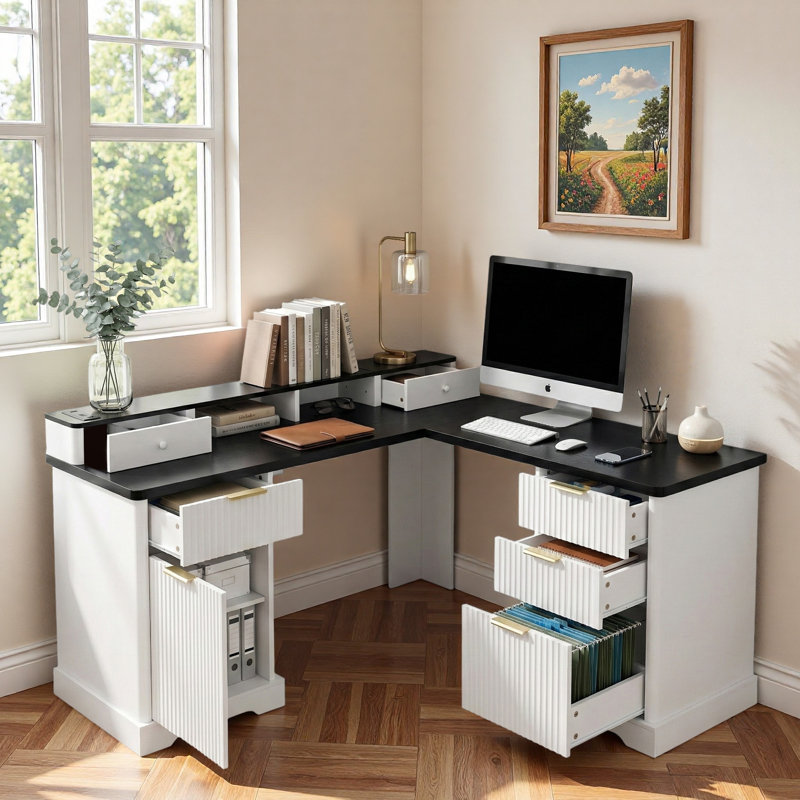 Modern Fluted L-shaped Desk With Charging Station, Storage Cabinet, Monitor Stand, File Drawer And Removable Support Shelf