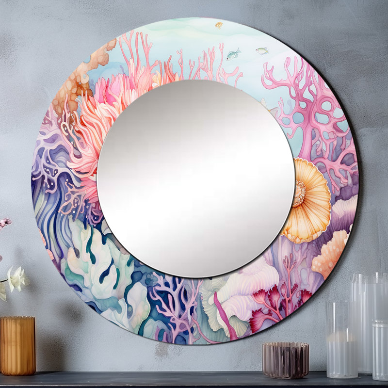 Ripsi Colourful Coral Reef Heaven I - Corals Decorative Mirror, Coastal Round Wall Mirror, Printed Metal Art, 23" x 23"