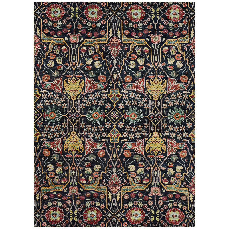 Black and Multicolor Synthetic Flat Woven Washable Rug
