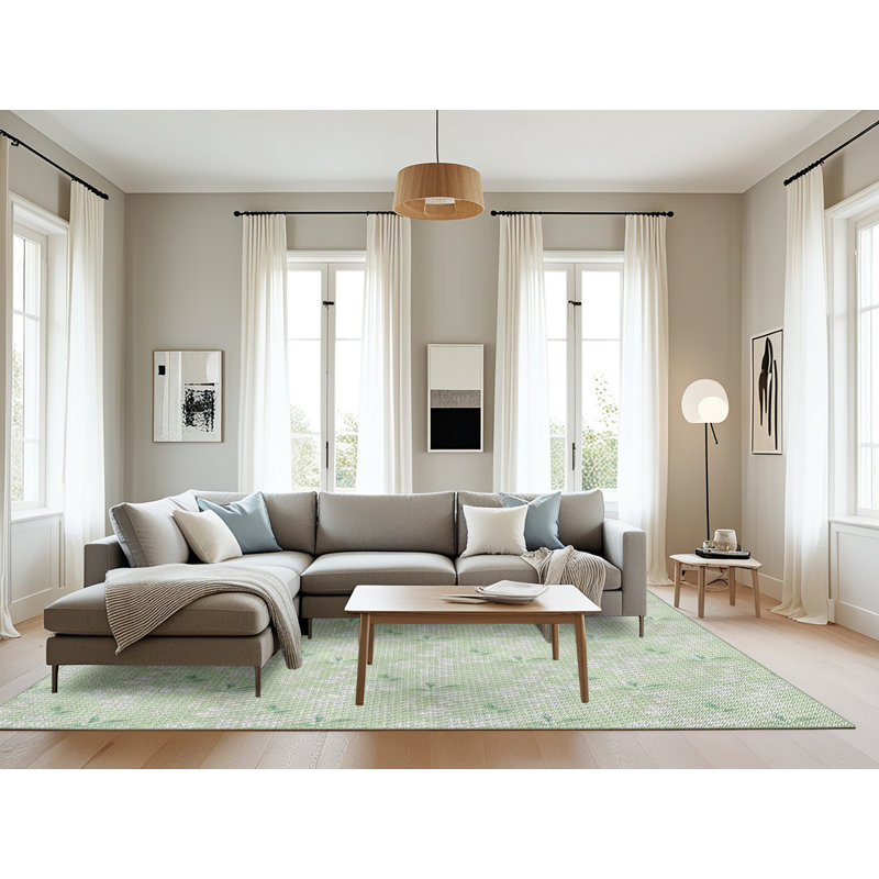 Tapis vert à motif floral, Rectangle 8 pi x 10 pi