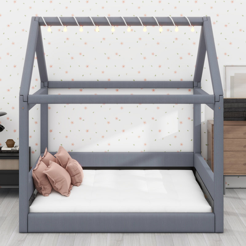 Upholstered House Daybed With LED Light Strips, Gray