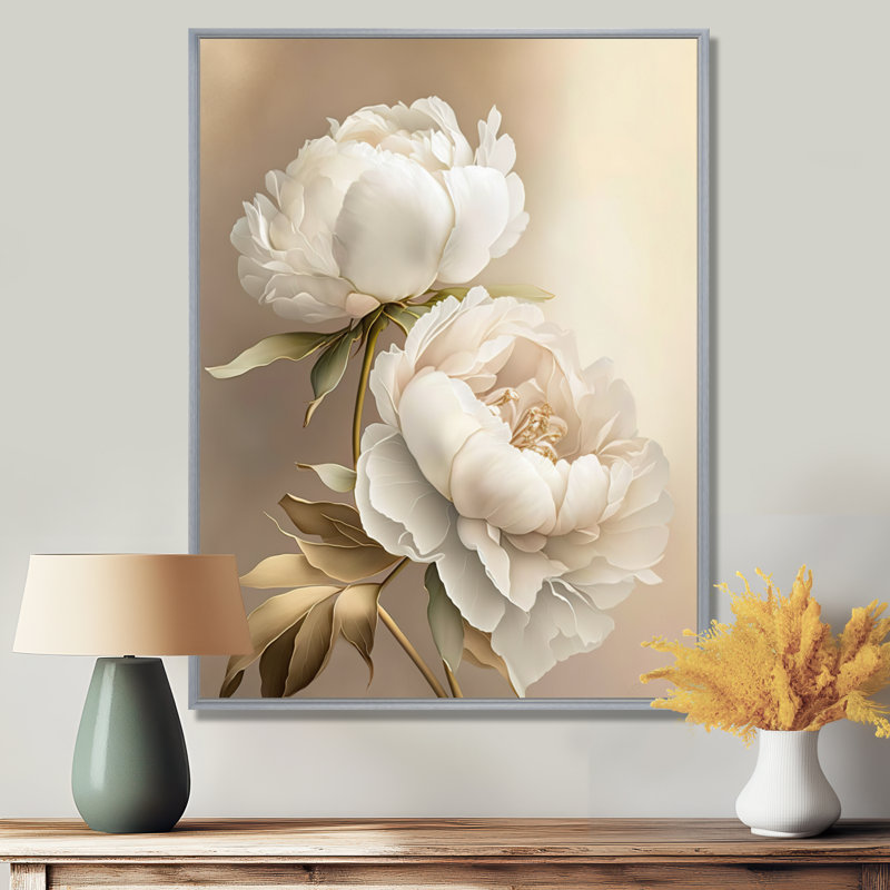Fleur de pivoine II - pivoines, art mural, H 20 po x l 12 po, Encadrement argenté