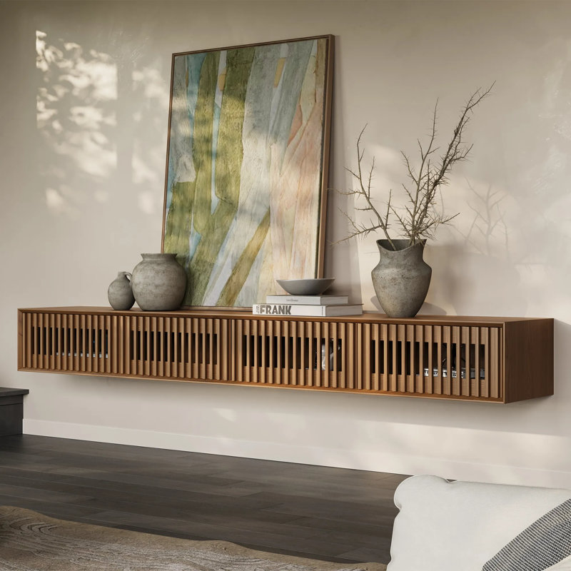 Meuble télé moderne flottant, entièrement assemblé, 11.02"H x 94.49"W x 15.75"D, Brun