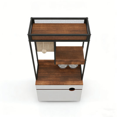 Multifunctional Cat Litter Box Enclosure with Cat Tree Tower, Feeding Station and Scratching Pad – White and Vintage Particle Board Cat Cabinet Furniture for Living Room and Bedroom