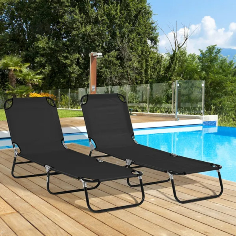 Ensemble de 2 chaises longues pliantes noires, chaise longue d'extérieur inclinable à 5 positions avec structure en acier pour patio