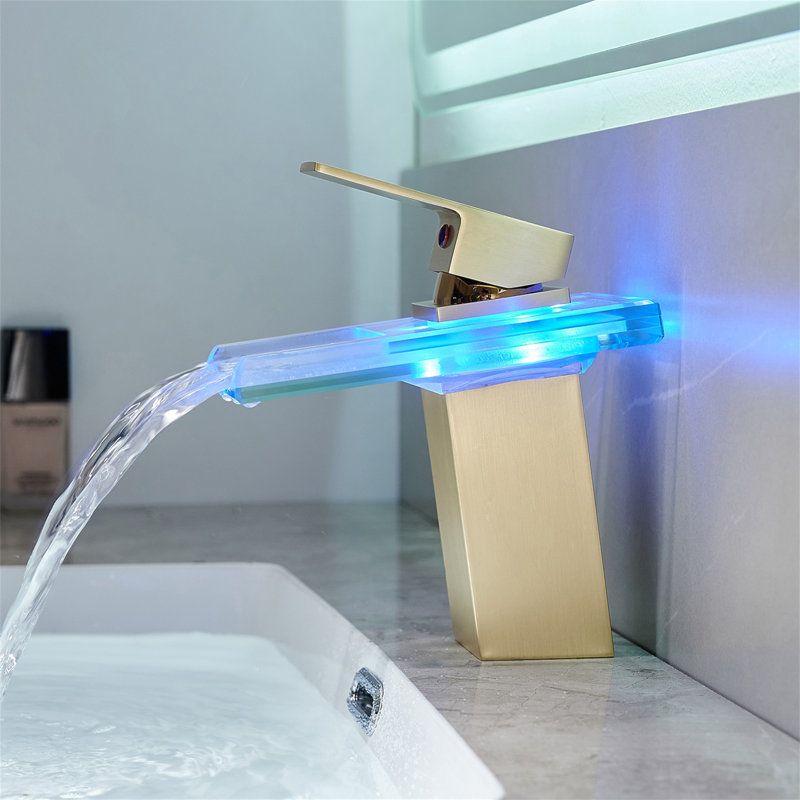 Bathroom Sink Faucet LED Light 3 Colors Changing Waterfall Glass Spout Hot Cold Water Mixer Single Handle One Hole Deck Mounted Bathroom Faucet Black Lavatory Vanity Basin Bath Plumbing Fixtures