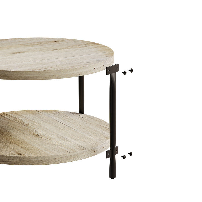 Table basse ronde 29,61 po à deux niveaux, finition chêne clair avec pieds en métal noir pour le salon
