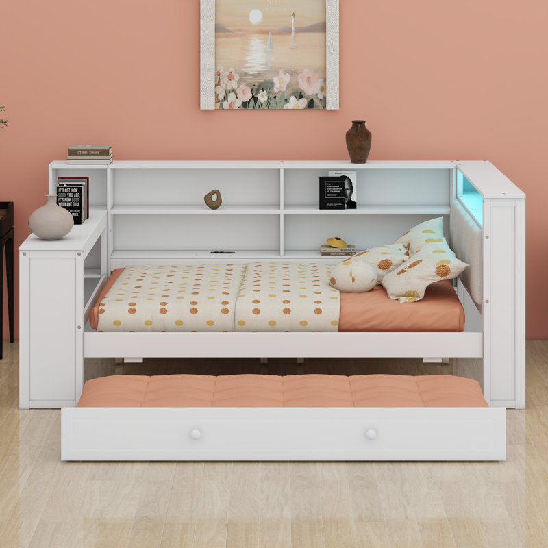 Lit plateforme avec tablettes de rangement, lit gigogne, Beige / Blanc