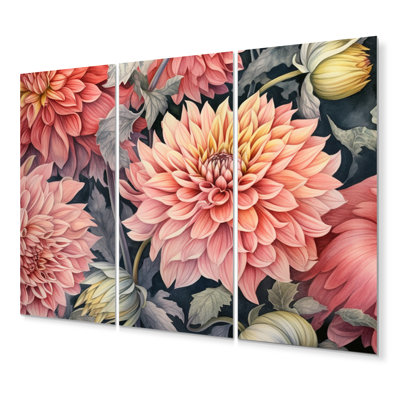 Coral Yellow Garden Dahlia Palette - ensemble de reproductions d'art mural floral en métal